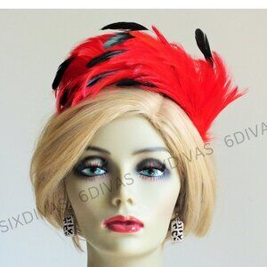 Flamboyant Red and Black Feathers Fascinator on a Headband